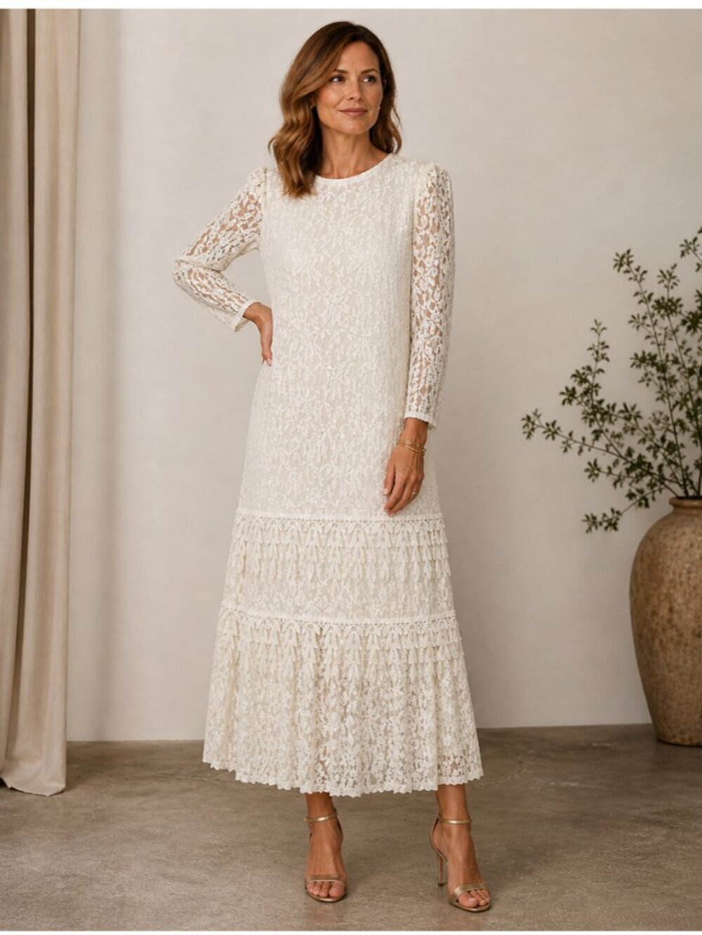 Vintage Dress Formal Wedding Tiered Lace Ivory Summer Small